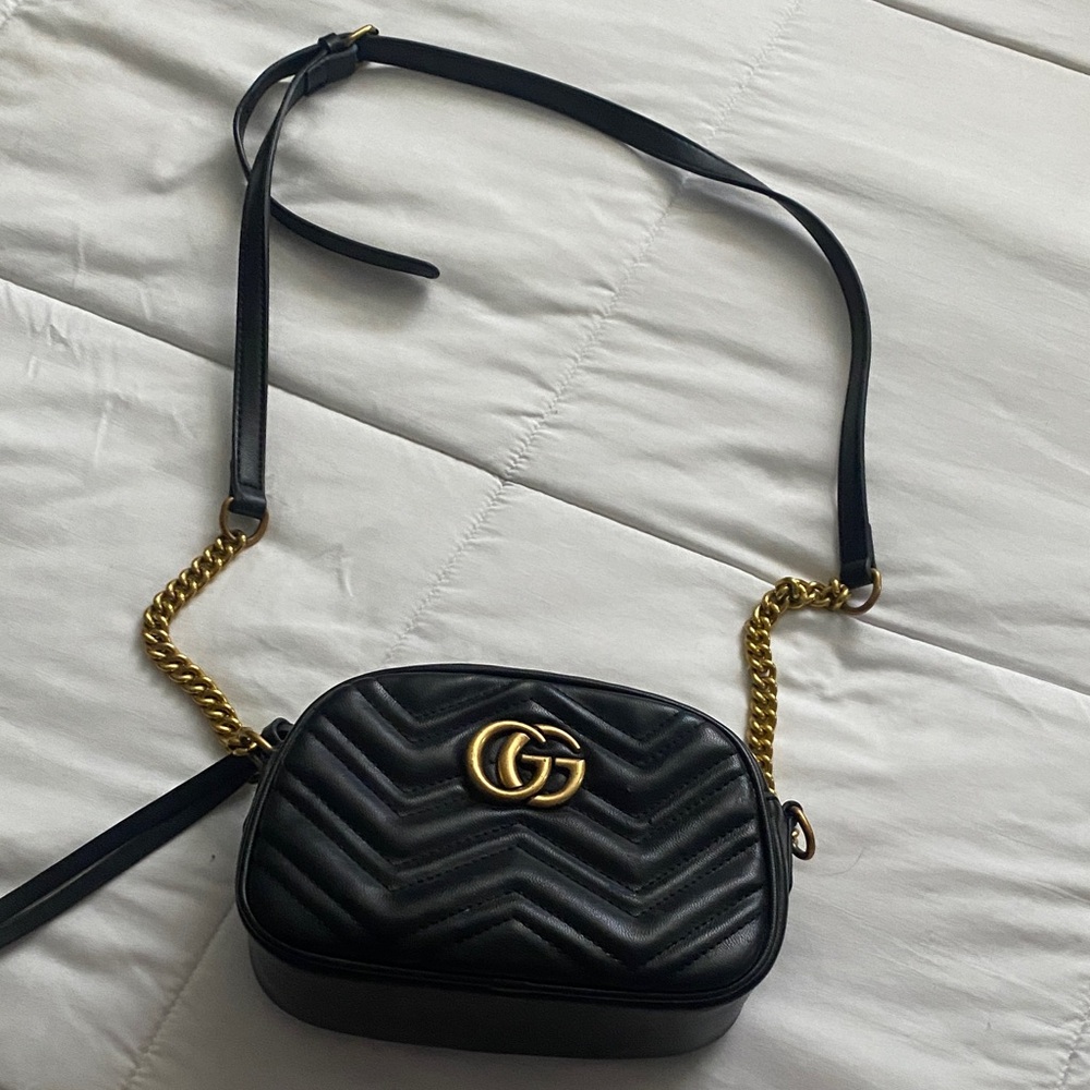 Gucci Black Chevron Crossbody Bag with Gold Chain